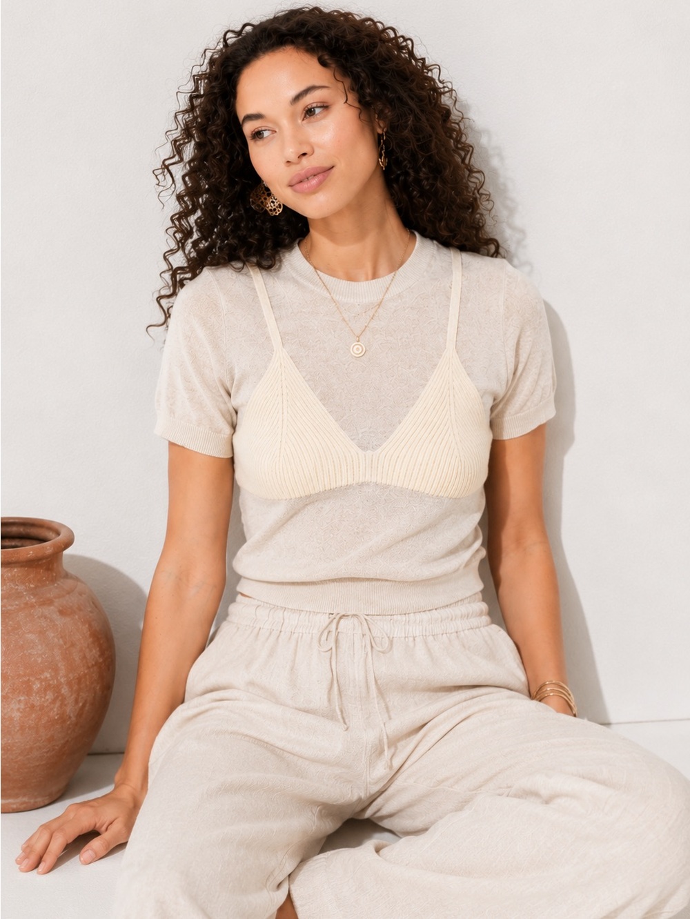 NWT Wild Fable Sheer Layered Sweater Top Cream Bralette Overlay Crop Size Large